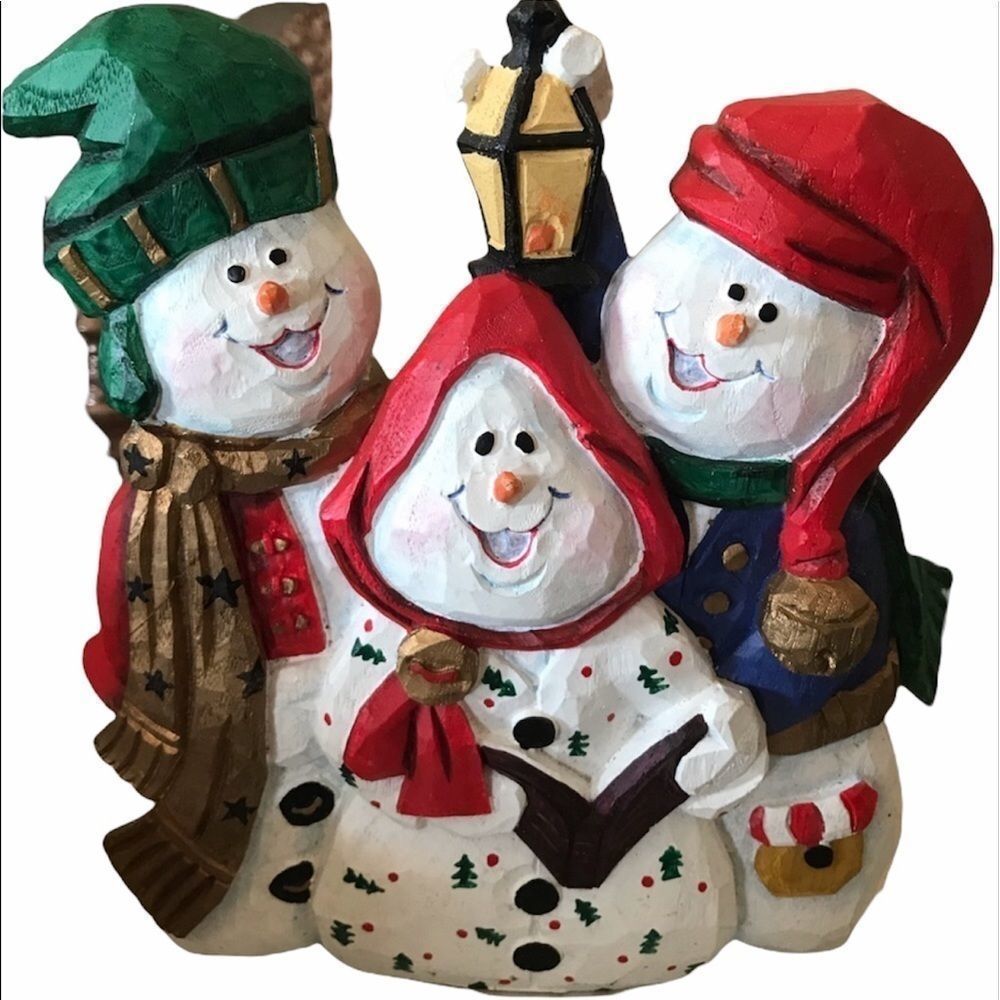 Three caroling snowmen Christmas red green xmas